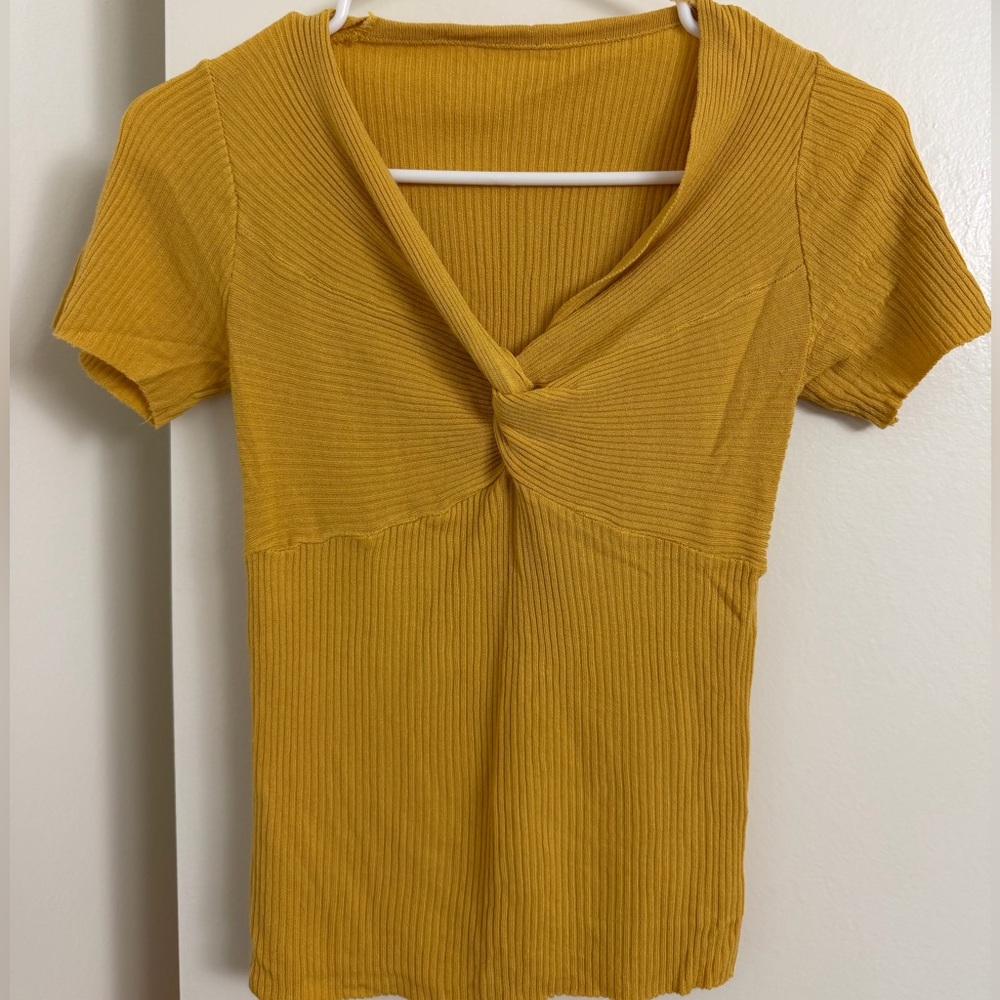 YesStyle Golden Yellow Twist-Front Ribbed Tee